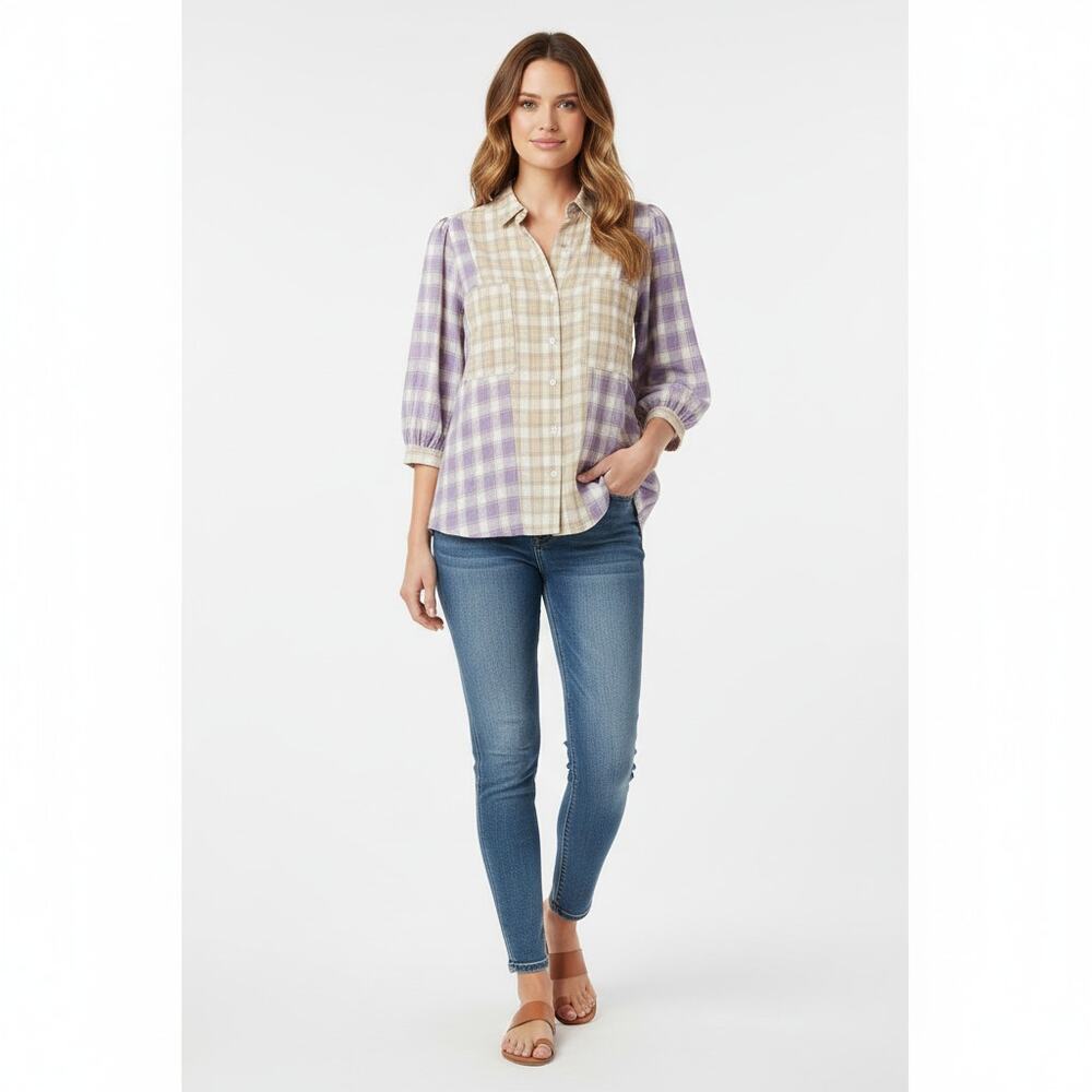 POL Plaid Tapered Button Up Blouse